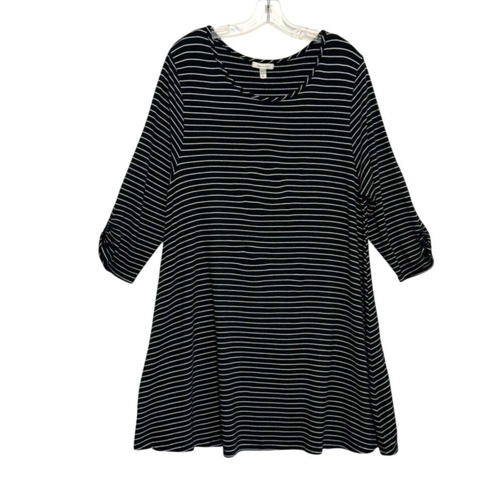 Garnet Hill Striped Mini Dress A-Line 3/4 Ruched Sleeve Scoop Neck Knit Tunic